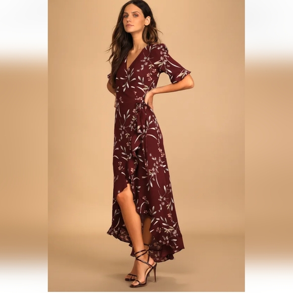 Lulus Wild Winds Burgundy Floral Print High-Low Wrap Dress small - Picture 2 of 7